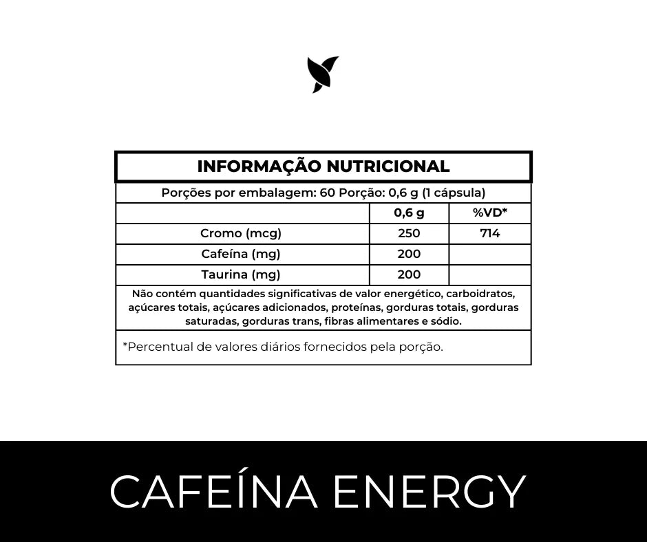 Cafeína Energy - Cafeína 200mg, Taurina e Cromo - 60 Cápsulas