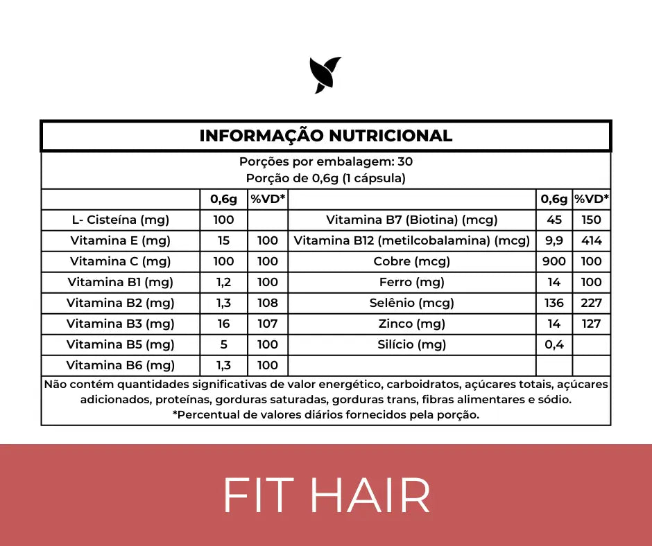 FitHair® - Biotina, Zinco, Ferro, Cobre, Cisteína e + Vitaminas - 30 Cápsulas