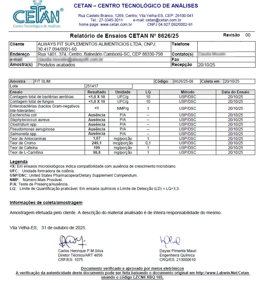 FitSlim - Laranja Moro, Cafeína, Carnitina, Psyllium, Cromo e Spirulina - 60 Cápsulas