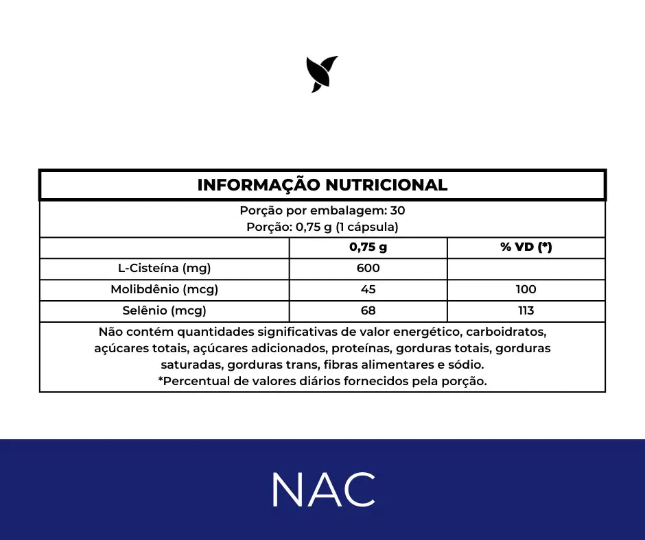 N-Acetil L-Cisteína NAC - 600mg - Precursor da Glutationa - 30 Cápsulas