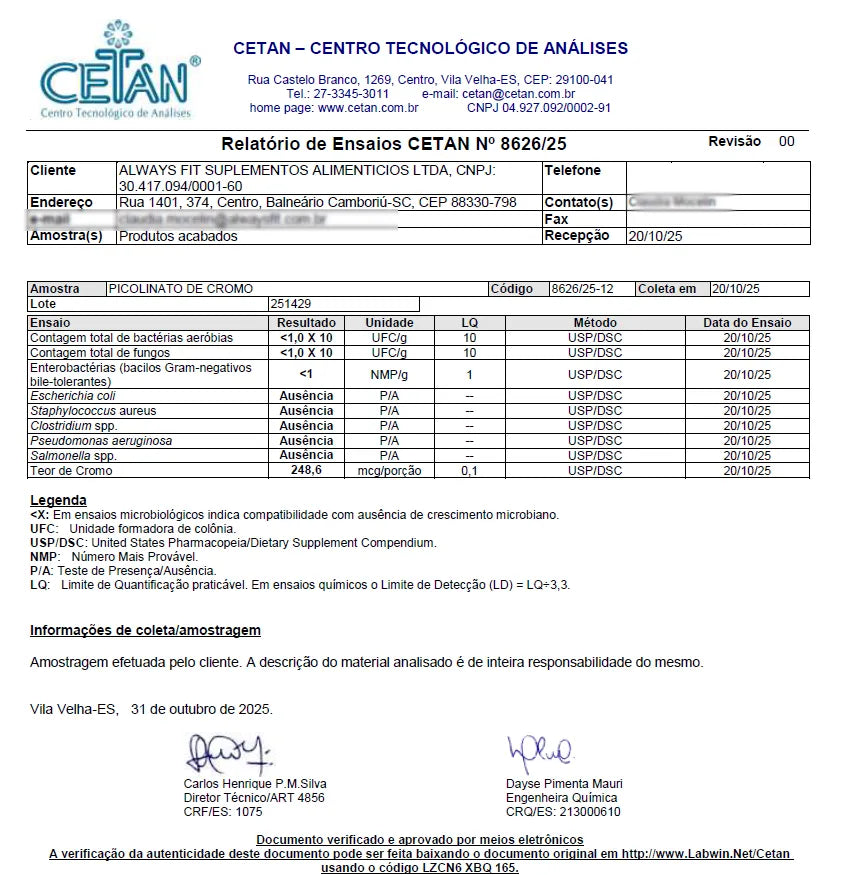 Picolinato de Cromo com 250mcg Dose Máxima- 60 Cápsulas